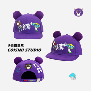 日系可爱卡通辍学小熊棒球帽女春夏小众百搭显脸小平沿鸭舌帽子