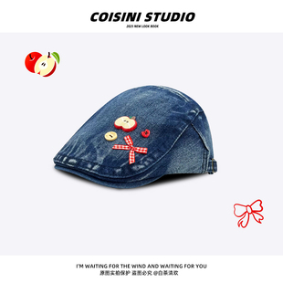 可爱苹果蝴蝶结牛仔前进帽女生复古鸭舌贝雷帽百搭显脸小画家帽子