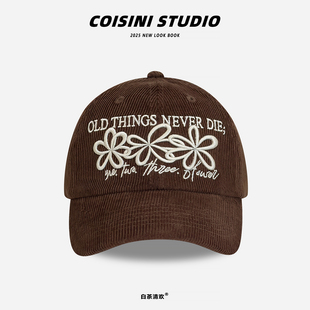 韩版 复古文艺百搭显脸小鸭舌帽 立体花朵刺绣灯芯绒棒球帽男女冬季