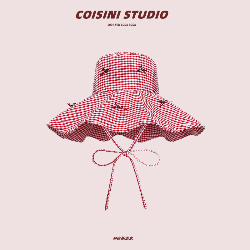 夏日小清新少女风格子防晒渔夫帽