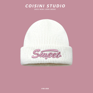 2024新款 保暖百搭显脸小情侣针织帽 潮牌字母刺绣毛线帽子女秋冬季