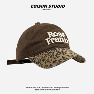 美式 辣妹复古豹纹字母刺绣棒球帽子男女通用显脸小街头防晒鸭舌帽