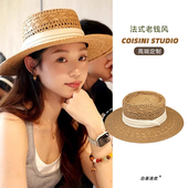法式 老钱风镂空草帽女夏出游海边沙滩礼帽遮阳防晒帽平顶太阳帽子