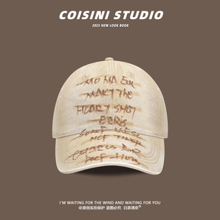 美式 复古水洗做旧棒球帽女夏加大加宽显脸小鸭舌帽字母涂鸦街头男