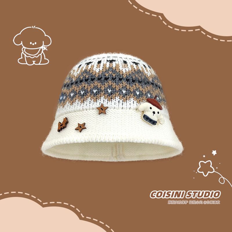 日系复古可爱提花小狗针织渔夫帽