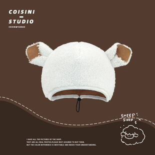 2025新款 可爱小羊帽子秋冬羊羔绒保暖大耳朵套头帽情侣百搭包头帽