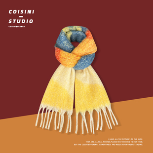 日系文艺复古拼色流苏针织马海毛围巾女秋冬氛围感保暖百搭围脖潮