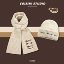 2025新款 可爱腊肠狗刺绣毛线帽围巾女秋冬保暖百搭学生情侣围脖潮