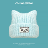 2025新款 日系可爱猫耳针织帽子女秋冬甜美加厚保暖护耳包头毛线帽