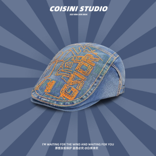 复古水洗刺绣字母牛仔前进帽女春夏英伦街头百搭显脸小贝雷帽子
