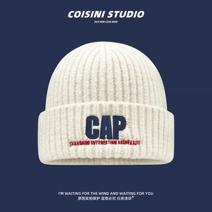 2025新款 字母刺绣针织帽子男女秋冬保暖百搭显脸小护耳毛线帽 韩版