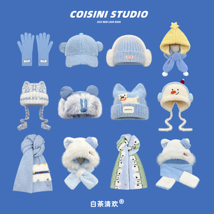 小清新海盐蓝色系列卡通小狗毛线帽围巾一体女生冬季保暖百搭围脖