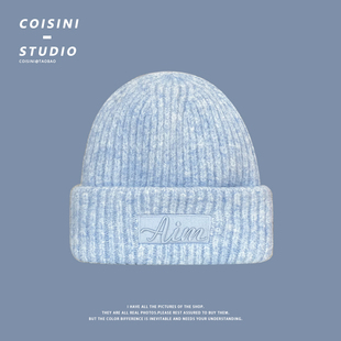 2025新款 显脸小字母针织围巾保暖套头帽 大头围纯色毛线帽子女冬季