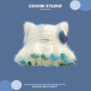 韩版可爱卡通猫耳针织毛线帽子女冬季百搭花边显脸小包头渔夫帽潮