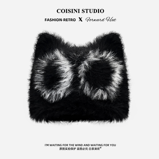 亚文化甜酷卡通风毛绒猫耳毛线帽子女冬季 保暖街头潮流毛绒套头帽