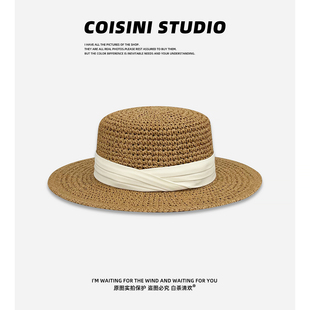 法式 老钱风编织礼帽大檐出游海边度假沙滩遮阳防晒 平顶草帽女夏季