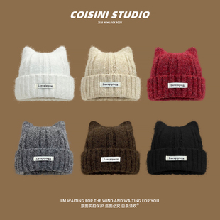 猫耳朵毛线帽大头围秋冬季可爱甜美针织帽子女加厚保暖包头帽冷帽