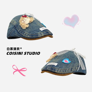 日系可爱小女孩蝴蝶结牛仔前进帽女鸭舌贝雷帽气质显脸小画家帽