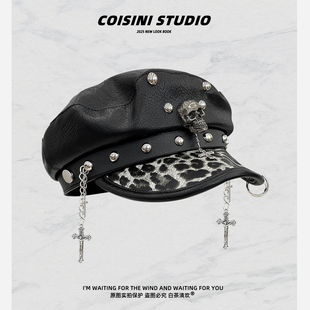 2025新款美式朋克辣妹豹纹皮质贝雷帽子女亚文化显脸小报童八角帽