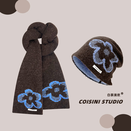 韩版花朵提花针织帽围巾两件套装