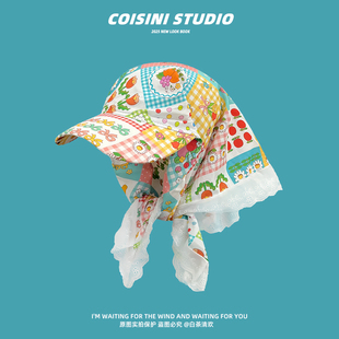 法式甜美可爱卡通头巾帽子女生春夏季户外逛街拍照海边度假三角巾