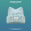 2025新款 保暖百搭针织帽潮 日系小清新混色猫耳朵毛线帽子女秋冬季