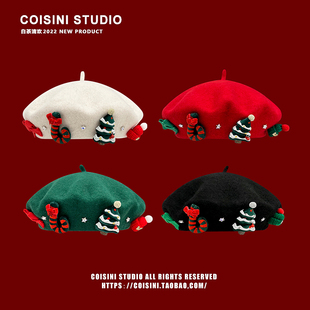 日系甜美圣诞元 保暖百搭学生画家帽潮 素红色羊毛尼贝雷帽子女冬季