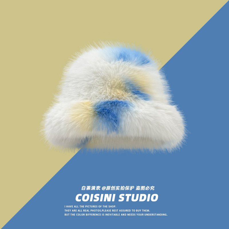 拍照神器日系白色毛绒水桶帽保暖