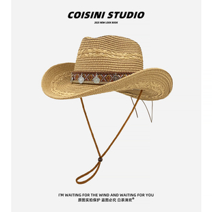 大檐藏族爵士草帽女夏季海边沙滩度假遮阳帽男款骑马帽西部牛仔帽