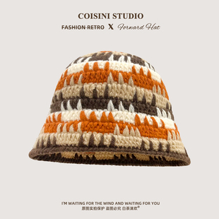 设计师款撞色针织渔夫帽子男女百搭秋冬保暖盆帽氛围感时尚帽子潮