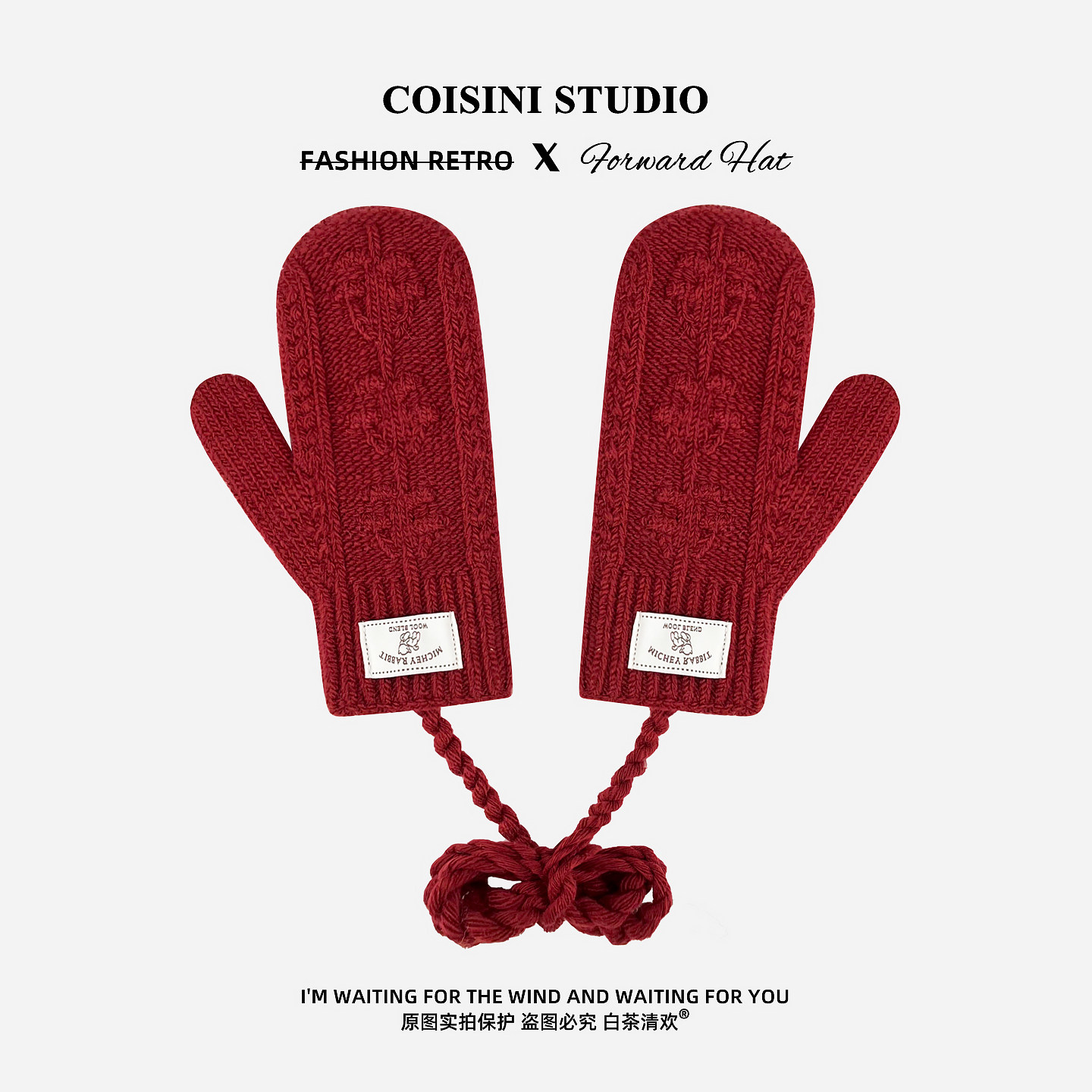 韩系多巴胺可触屏毛线连指挂脖手套女秋冬圣诞新年红全包保暖防寒