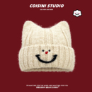 保暖百搭针织帽冷帽 可爱猫耳朵笑脸毛线帽子女秋冬季 2025新款 韩版