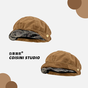 小众设计日系复古格纹双檐个性八角帽男女春夏秋百搭显脸小云朵帽