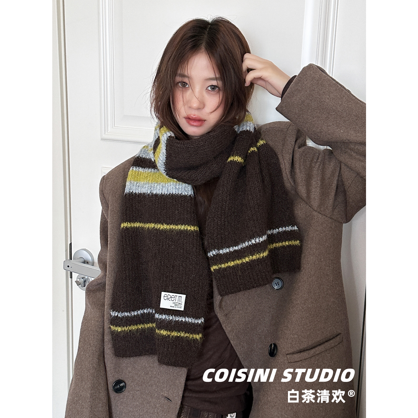 秋冬季新款多巴胺条纹针织围巾