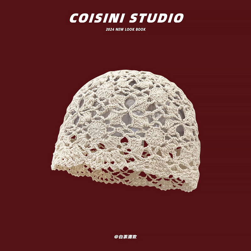 日系复古文艺手工针织镂空包头帽