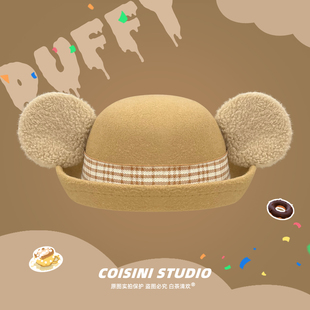 迪士尼周边卡通达菲毛绒耳朵礼帽子女生出游拍照出片渔夫帽显脸小