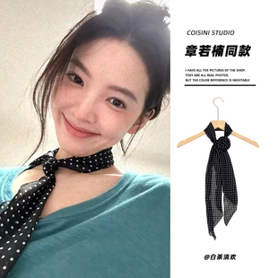 难哄章若楠同款黑色波点丝巾女2025新款长条薄款高级感玫瑰花系脖
