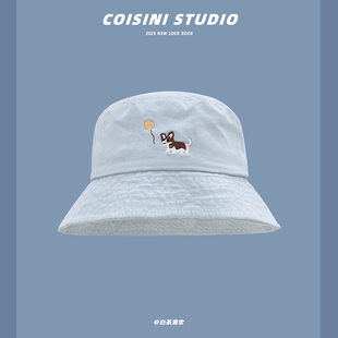 2025新款 遮阳防晒浅蓝百搭盆帽学生 可爱小狗刺绣渔夫帽子女春夏季