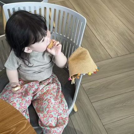 3女童套装夏季新款宝宝百搭纯棉短袖T恤女孩碎花防蚊阔腿裤两件套