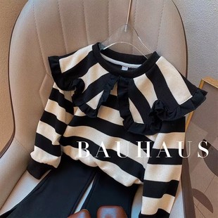 女童翻领卫衣2026春秋装新款宝宝黑白条纹上衣打底衫儿童娃娃衫潮