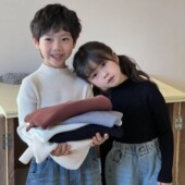 韩国女童半高领百搭针织衫 儿童纯色弹力坑条保暖毛衣男 2026秋冬装