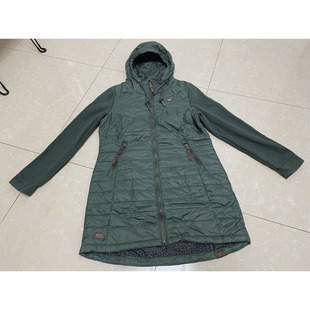 外贸德国R原单秋冬女款绿色中长款连帽羽绒棉服外套 妈妈棉服