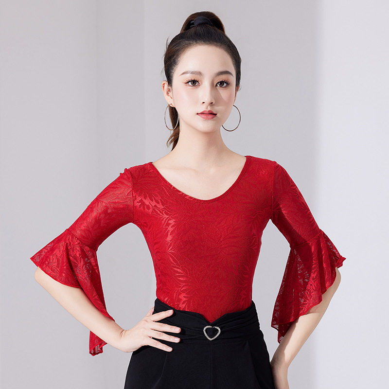 夏季拉丁舞服印花圆领喇叭袖舞蹈服新款中袖修身显瘦摩登舞上衣女