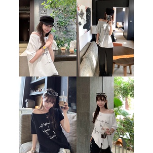 舒适时髦 大瓶定制 呼吸感印花多穿法圆领斜肩T恤宽松显瘦上衣女