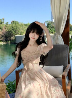 Blovelan莉莉安花径 度假风镂空刺绣收腰长裙法式少女碎花连衣裙