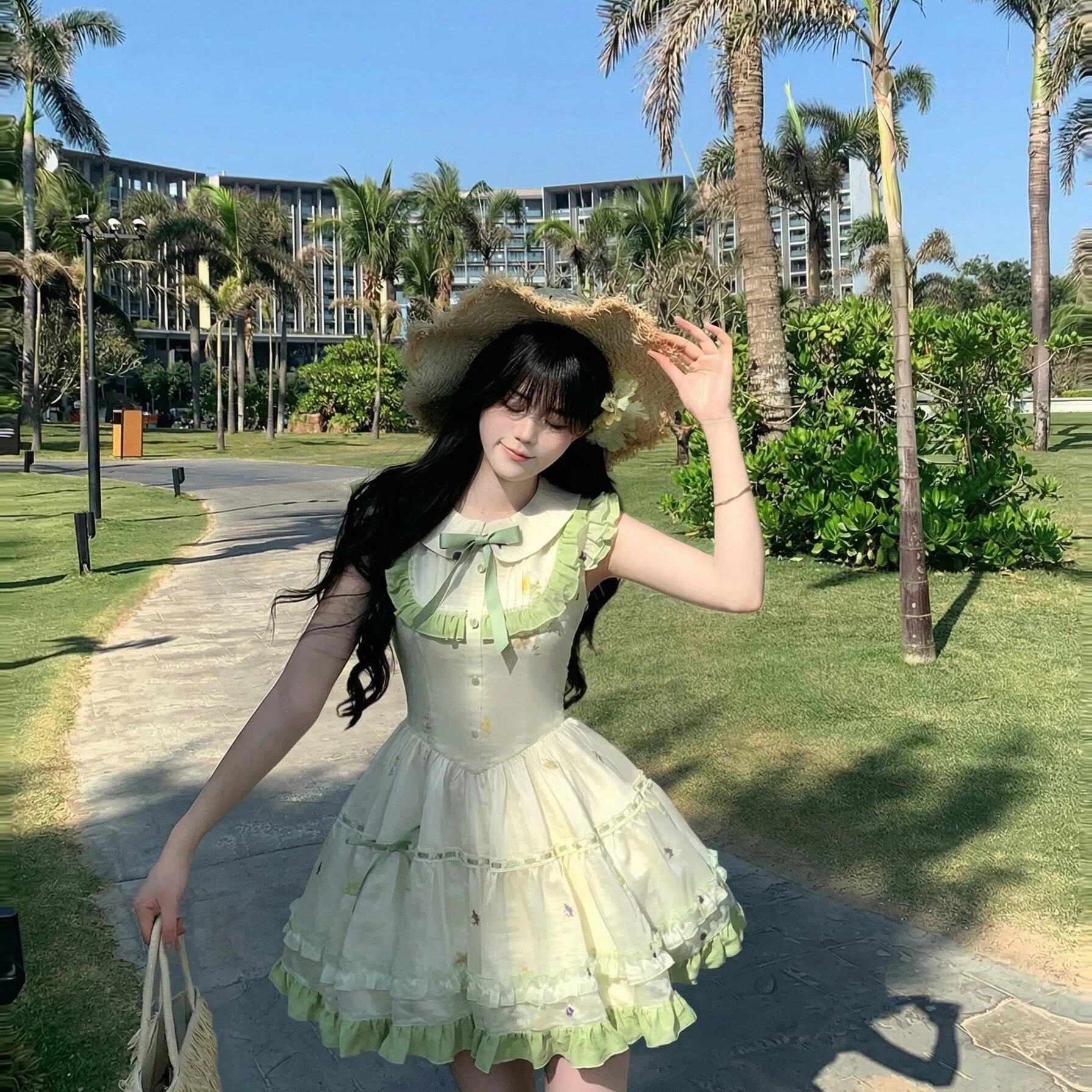 Blovelan沁春梢 小清新甜美娃娃领蛋糕蓬蓬短裙连衣裙夏新款