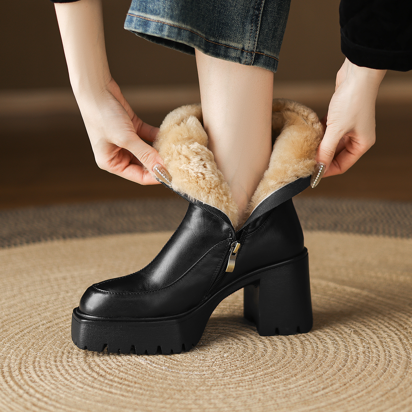 时尚简约粗跟绒里舒适百搭短靴