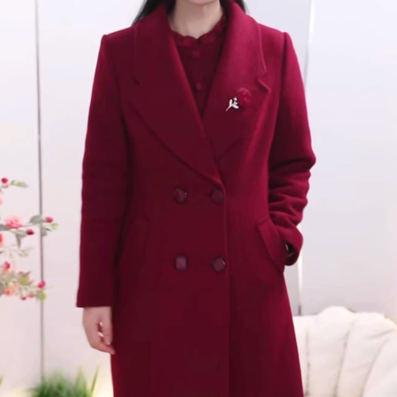 雪尼尔绒夹棉保暖长款双排扣大衣