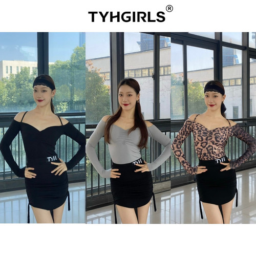 TYH新款女一字领高级感体操服长袖秋冬百搭拉丁舞练功服带胸垫