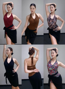 TYH舞服新款5色拉丁舞女成人挂脖露背绑带镂空修身连体衣带胸垫